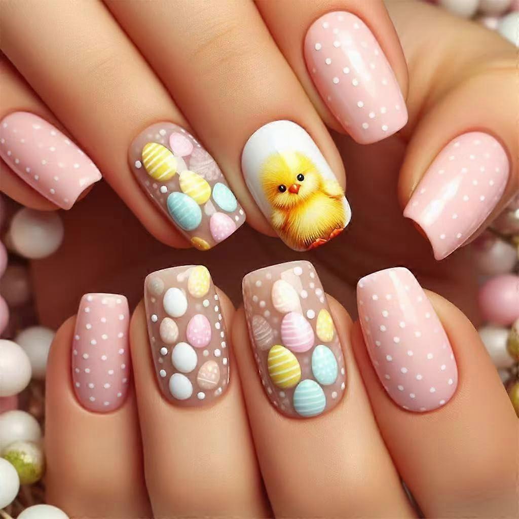 24 Pieces Short Square Press On Nails with Festive Chick Design, Easy Application for Easter