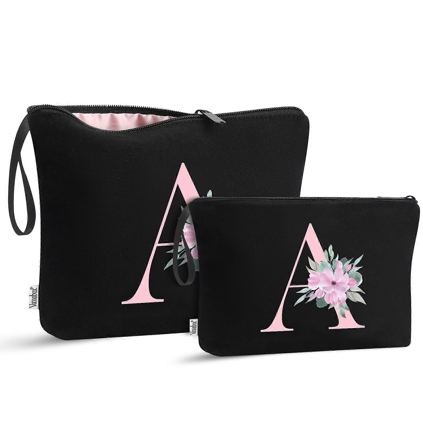 Makeup Bag with Silk Lined Interior, Custom Gift for Women, Bridesmaid, Black Set