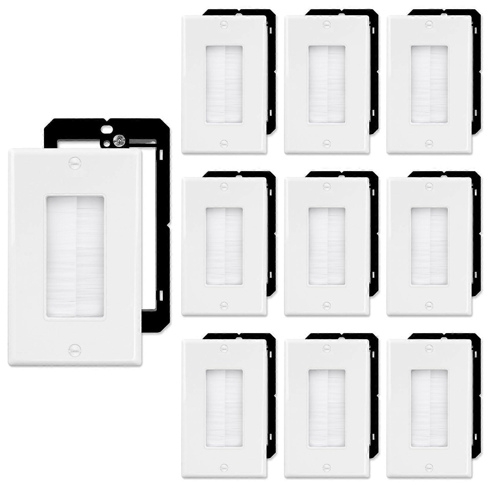 10 Pack Single Gang Brush Wall Plate for Clean Cable Management, White Pass Through with Bracket