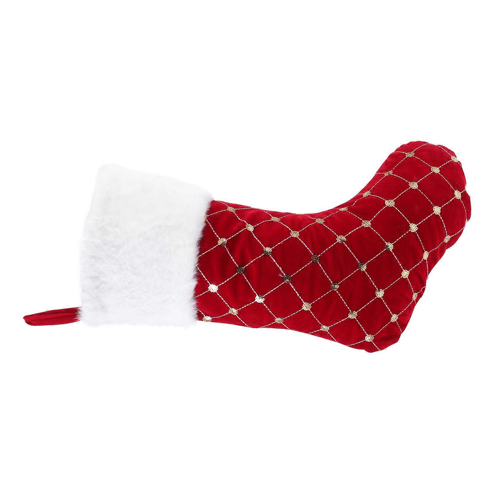 Christmas Sock Square Plaid Sequin Stocking for Decoration 1Pcs Red