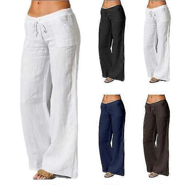 Dam bomull linne breda ben byxor solid casual elastisk midja långbyxor