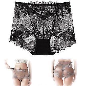 Women's High-Rise Lace Panties, Tummy Control, Hollow Mesh, Plus Size Soft Breathable Underwear with Cotton Crotch