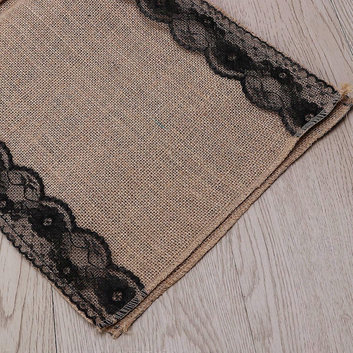 Black Dining Table Runner for Rustic Decor 3Pcs Linen with Lace Edging