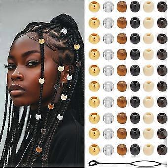 60PCS Wooden Hair Beads Kit with Reusable Threader Loc Dreadlock Wood Acrylic Braiding Tool Set Random Large Hole Barrel Rondelle Loose Spacer Bead