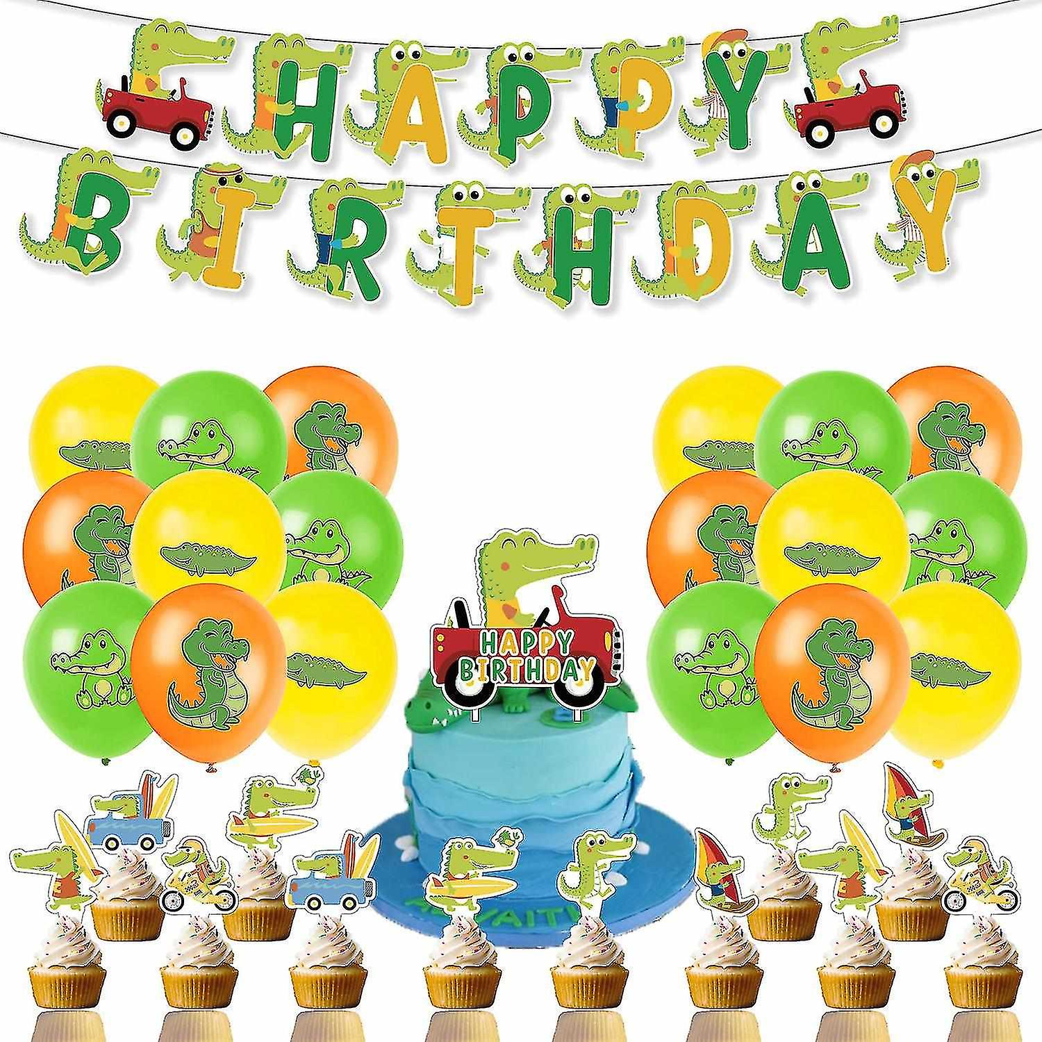 Crocodile Theme Party Set Pull Flag Banner Cake Card Latex Balloon Set Hanging Decoration Props