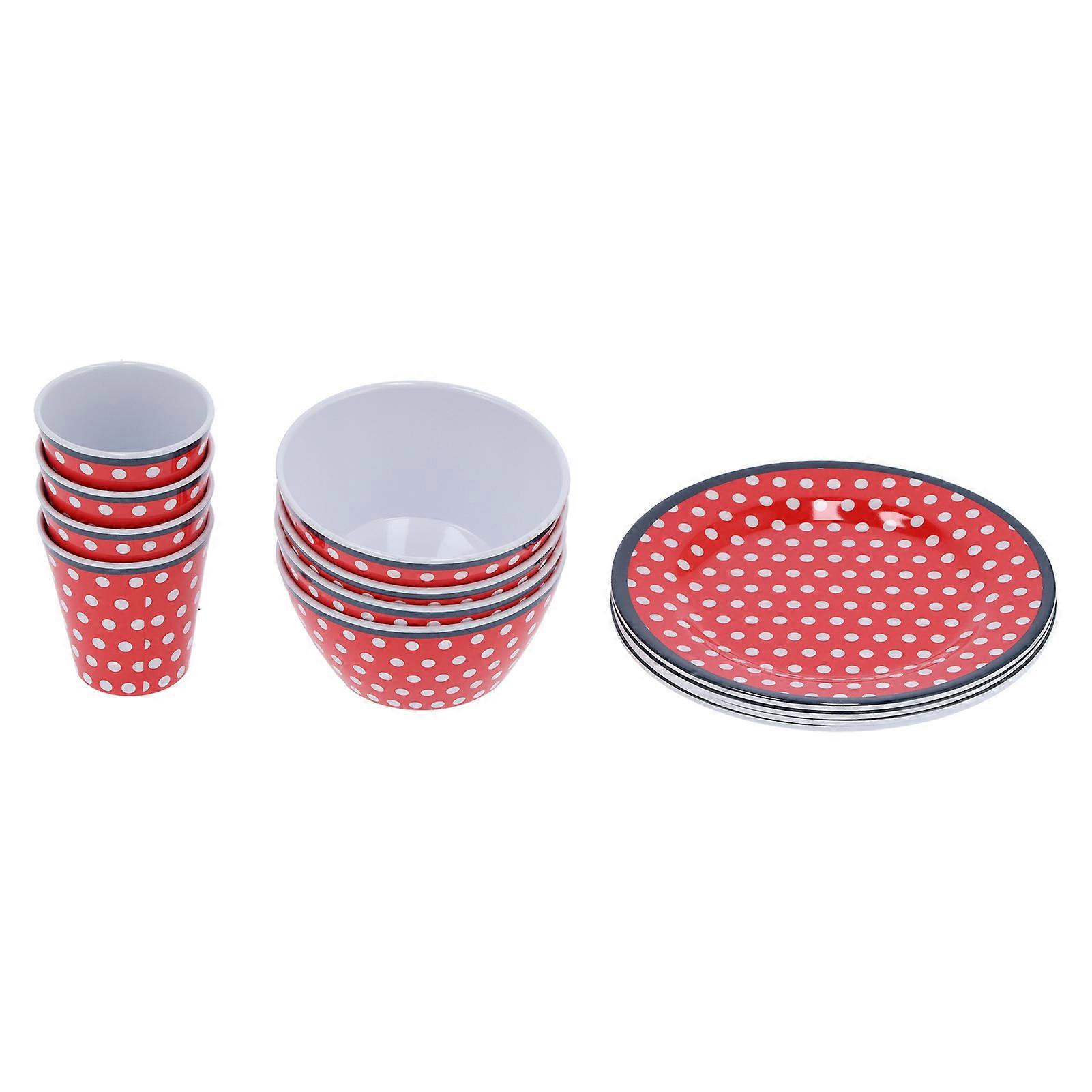 12-Piece Melamine Dinnerware Set with Red Polka Dots, Cups, Bowls, Plates for Restaurant and Home