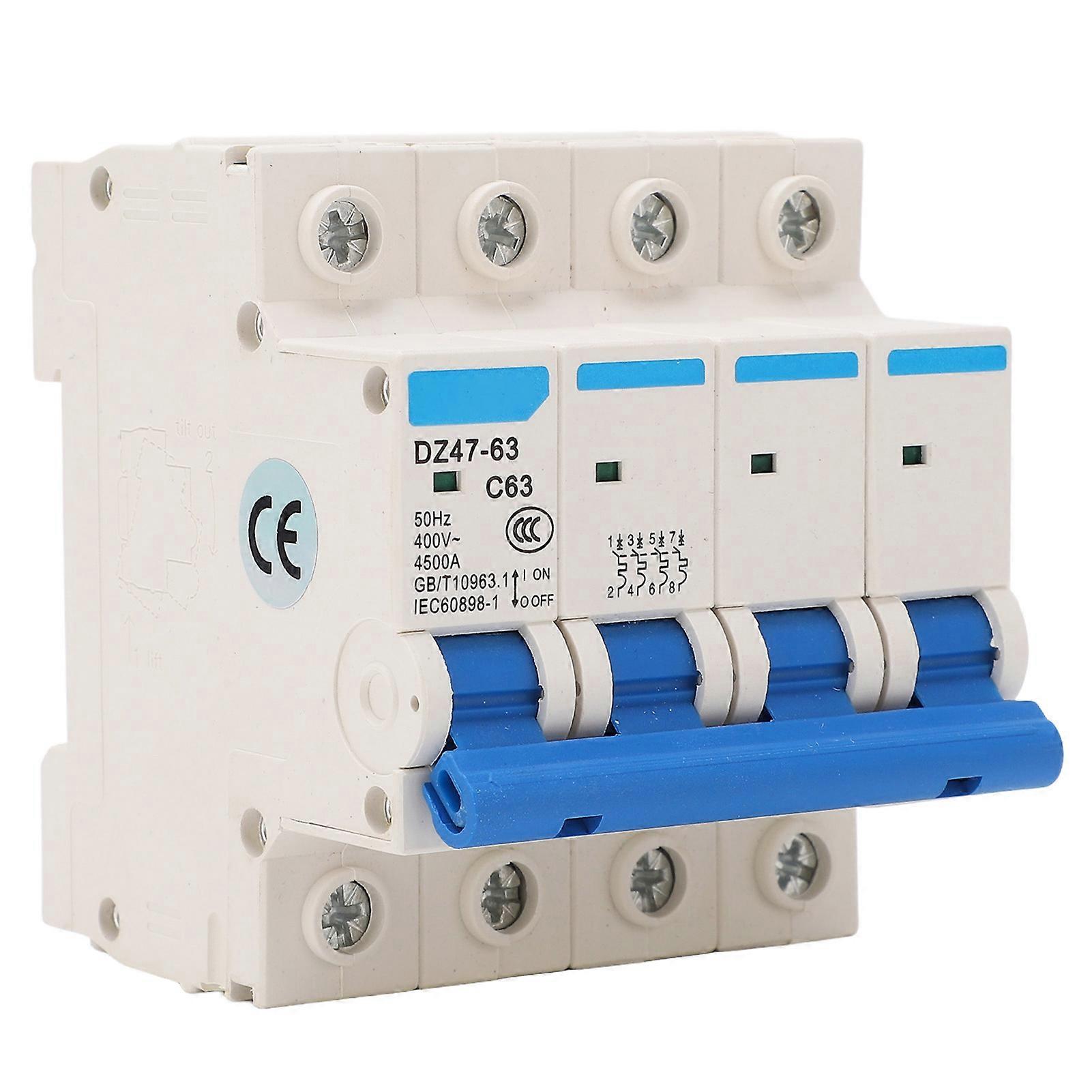 Current Miniature Circuit Breaker 4 Pole 4500A Breaking Capacity DIN Rail Mount Circuit Breaker 400V