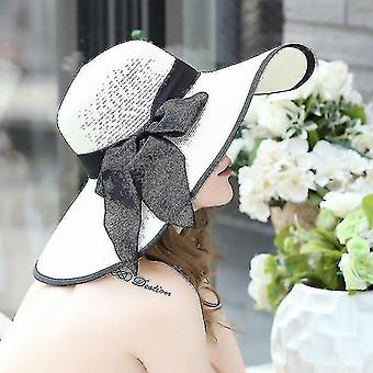 Milky White Summer Large Brim Straw Floppy Wide Sun Cap with Bowknot Beach Foldable Hat