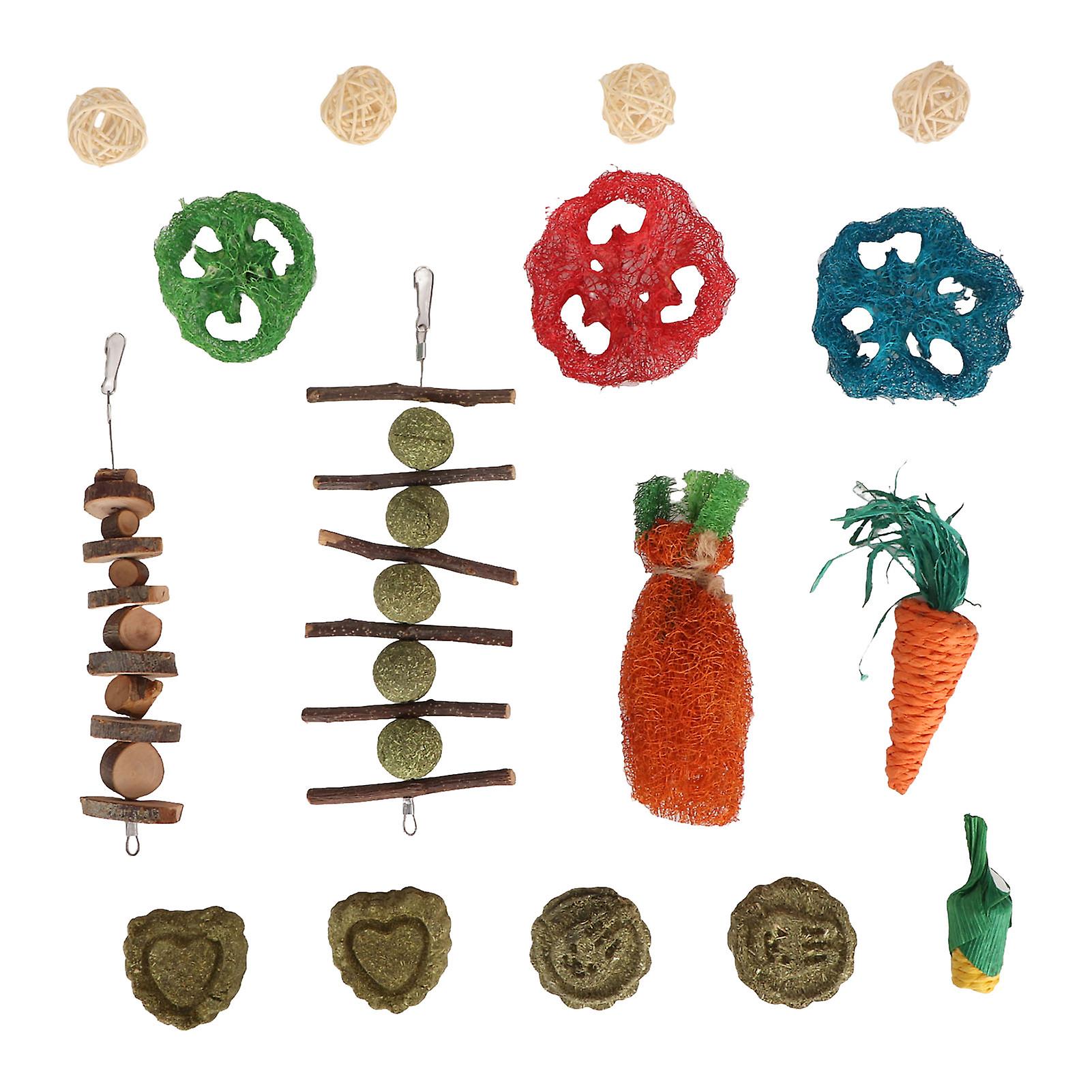 Rabbit Hanging Chew Toys with Wood Grass Ball and Loofah Carrot, Small Animal Chew Toy for Chinchillas Guinea Pigs Hamsters