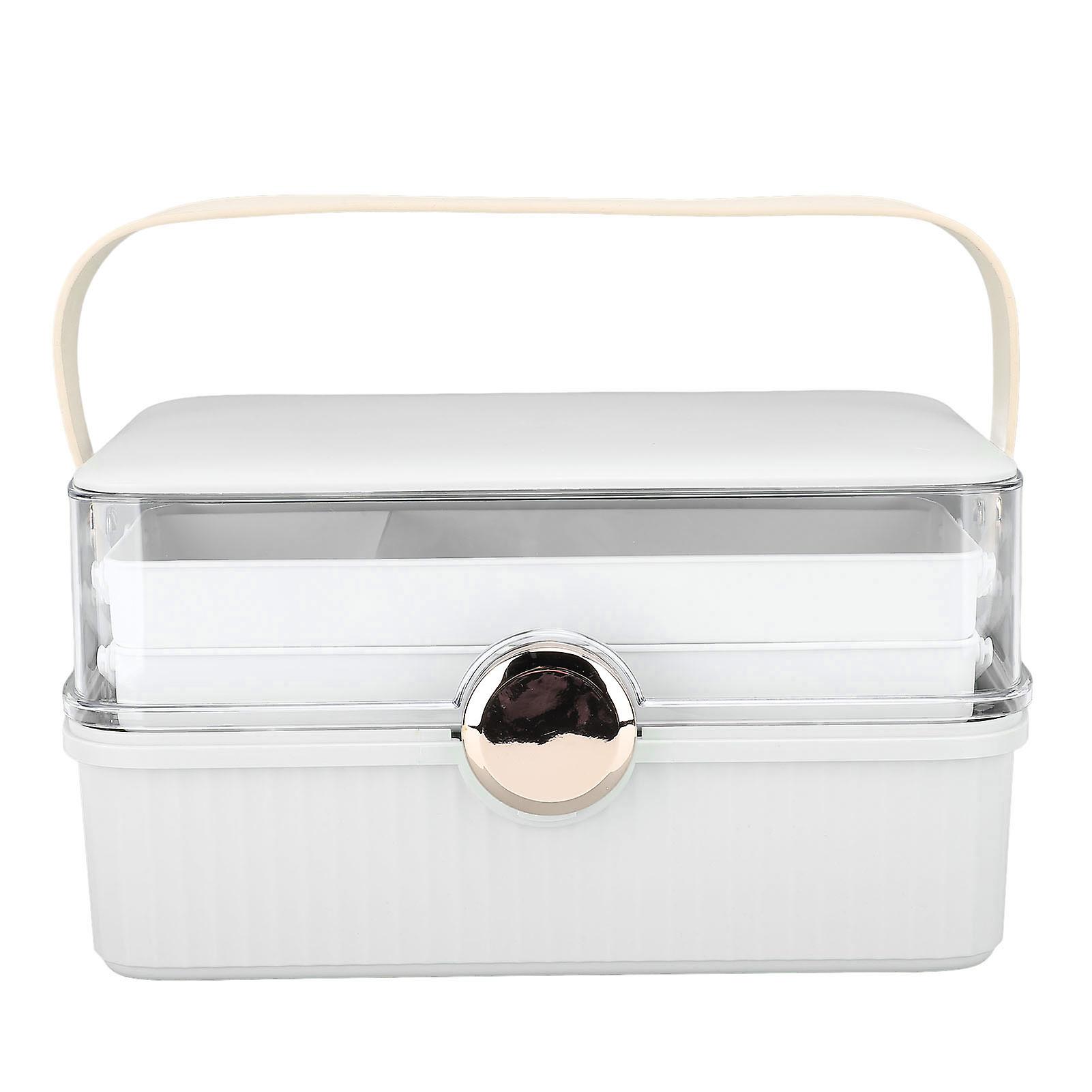 Cosmetic Storage Box Large Capacity Plastic Dustproof with Handle Lid Makeup Organizer Box for Vanity White