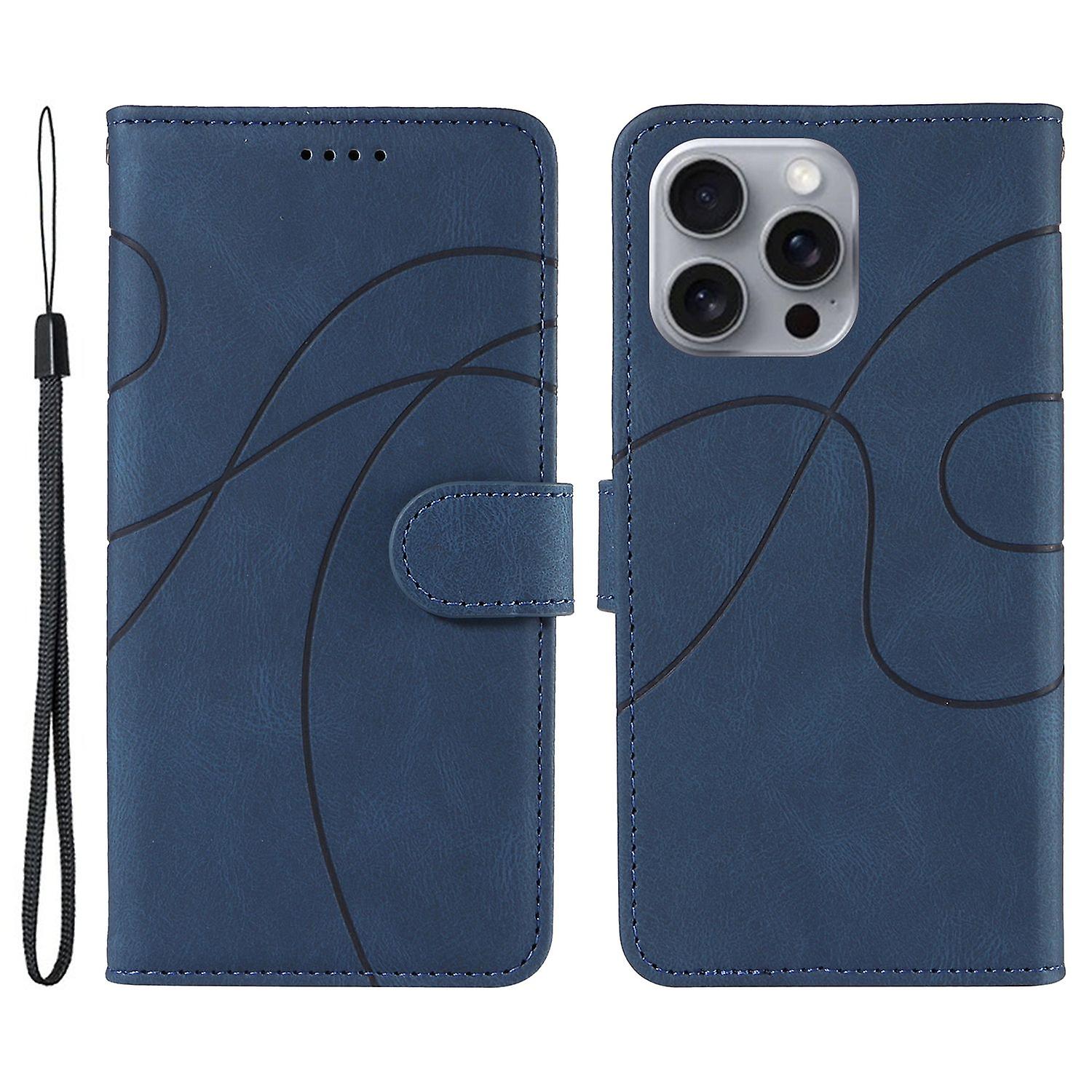 For iPhone 16 Pro Max Case Leather Stand Feature Flip Phone Cover Line Pattern - Blue