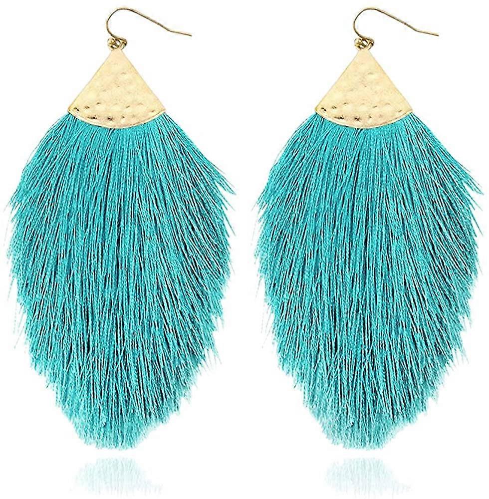 Bohemian Silky Thread Fan Fringe Tassel Statement Earrings - Lightweight Strand Feather Sh