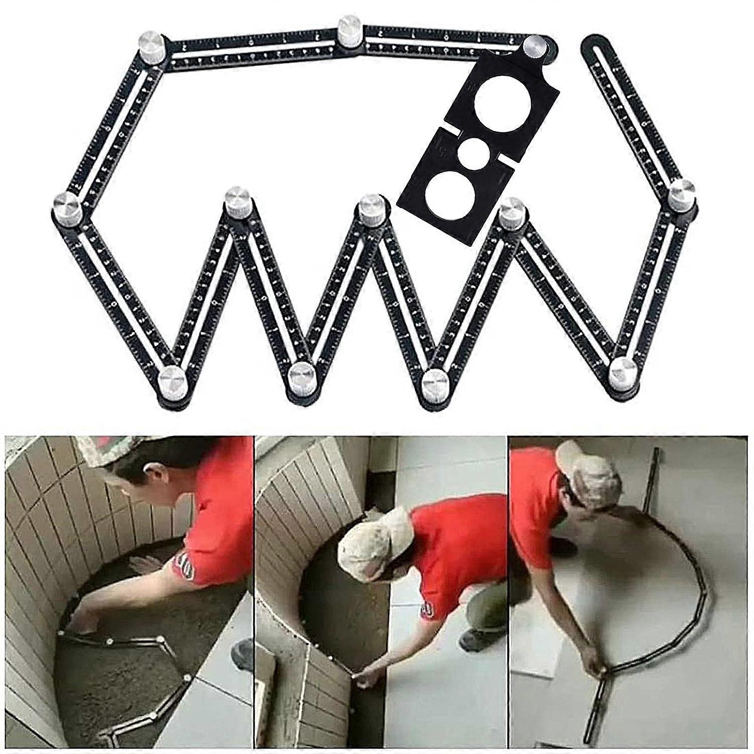 Template Tool - Angle Jig - Multi-Angle Measuring Ruler - Aluminum Alloy - 12 Sides - Tile Tool With Hole - Black