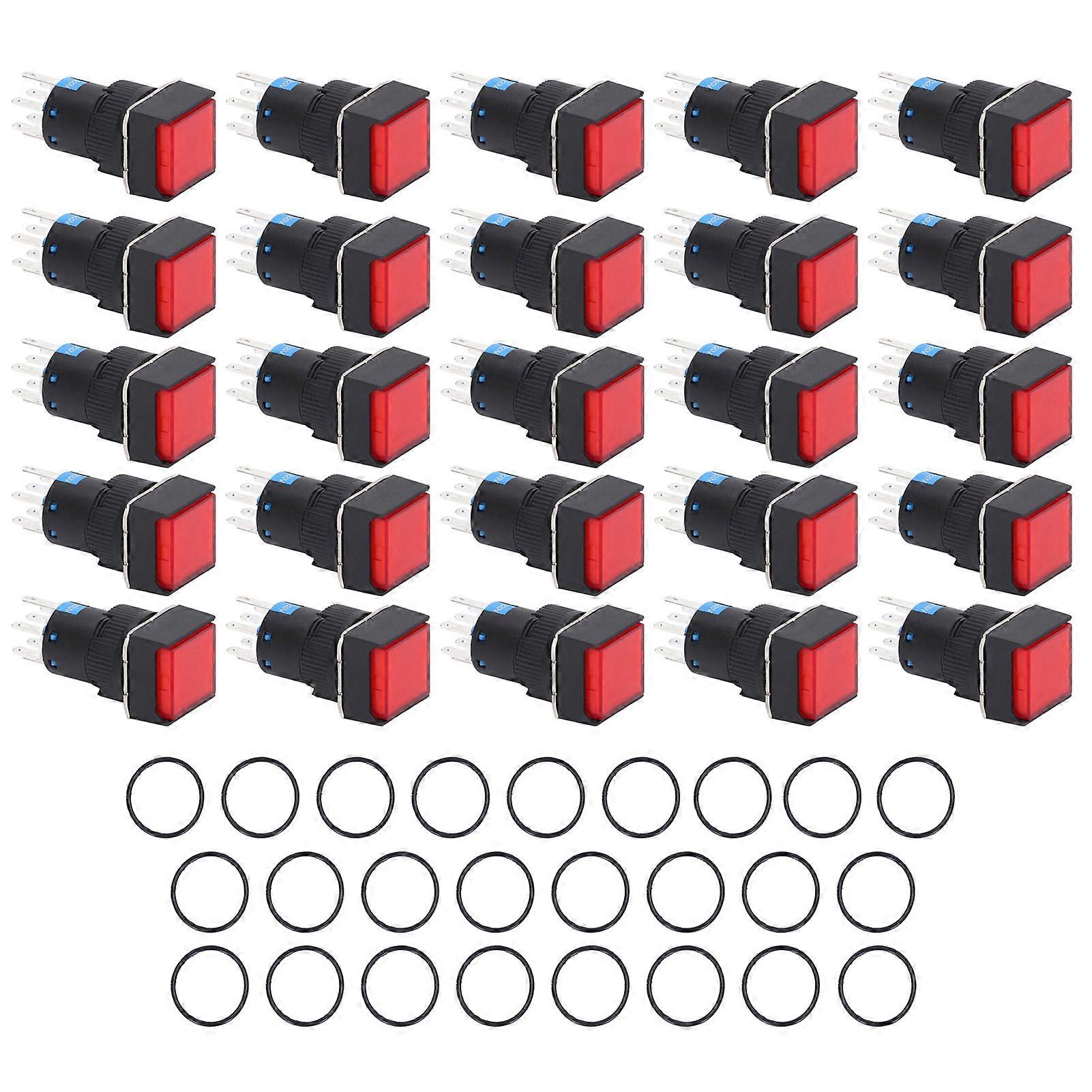 25Pcs Squares Push Button Switch 8 Pin Self Locking Switches with Light for Distribution Box 16mm 220V Red