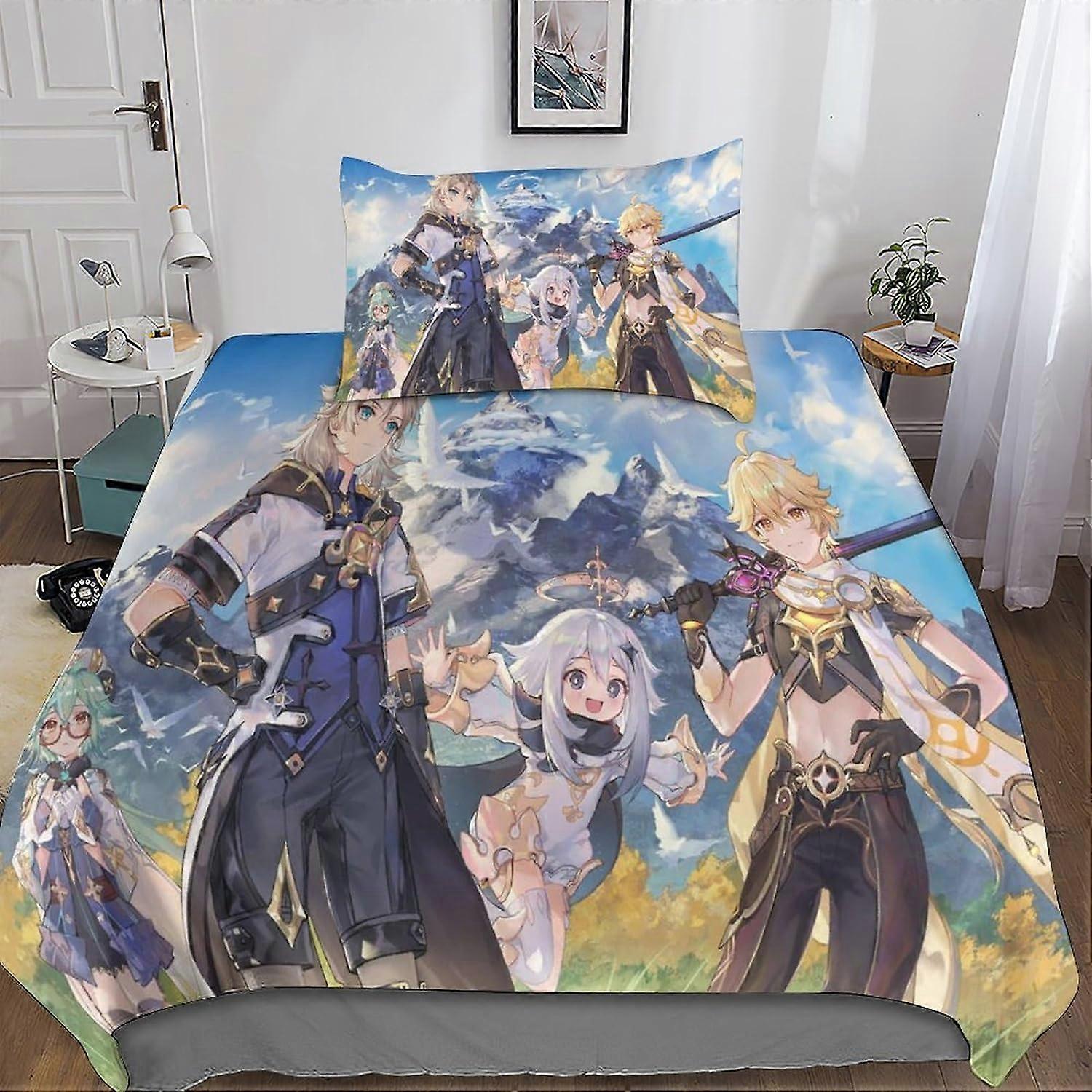 Genshin Impact Bedding Set 3D Duvet Cover, Printed 2 Pieces, Microfiber Bedding with Zipper Closure Pillowcases for Single or Double Bed Single