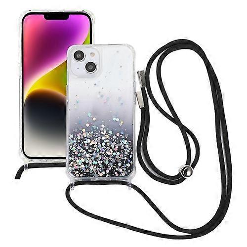 For iPhone 15 Gradient Glitter Epoxy TPU Thickened Acrylic Mobile Phone Case with Round Neck Lanyard