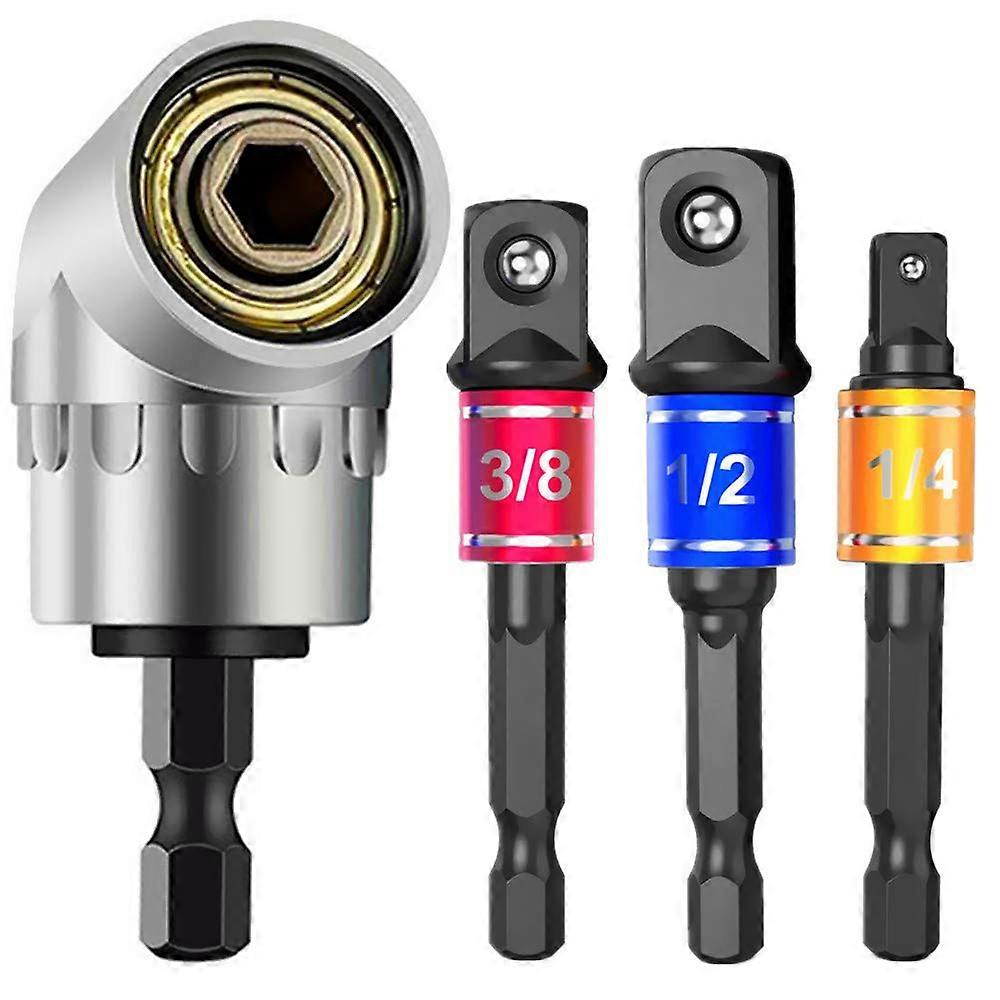 Impact Grade Power Hand Tools Driver Sockets Adapter Extension Set, 3Pcs Hex Shank Drill Nut Driver Bit Set + 105 Degree Right Angle Driver Extension