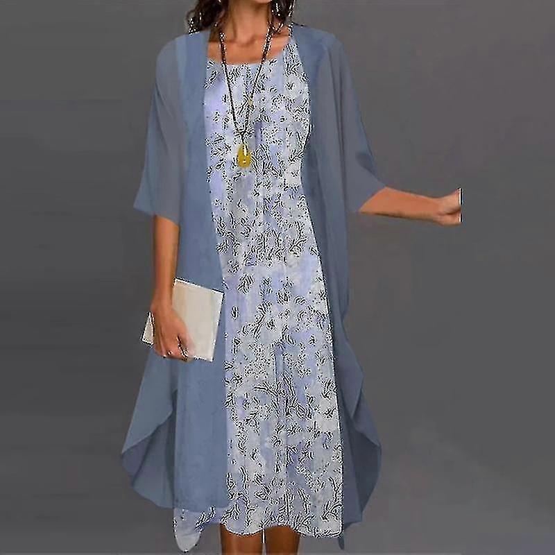 Damen Bohemian-Kleid mit Strickjacke, lässig, mit Blumenmuster, zweiteilige Kleider