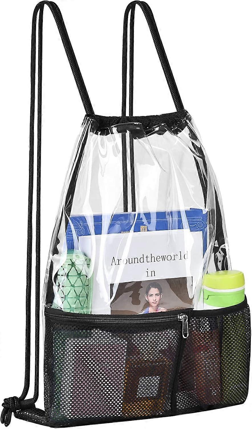 Clear Drawstring Bag, PVC Drawstring Backpack with Front Zipper Mesh Pocket