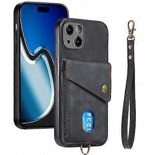 Compatible with Iphone 15 Retro Card Wallet Fold Leather Mobile Phone Case With Strap