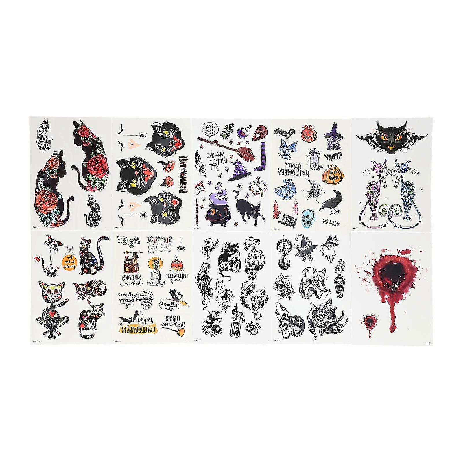 Halloween Temporary Tattoo Stickers - 10 Pcs, Sweatproof and Removable