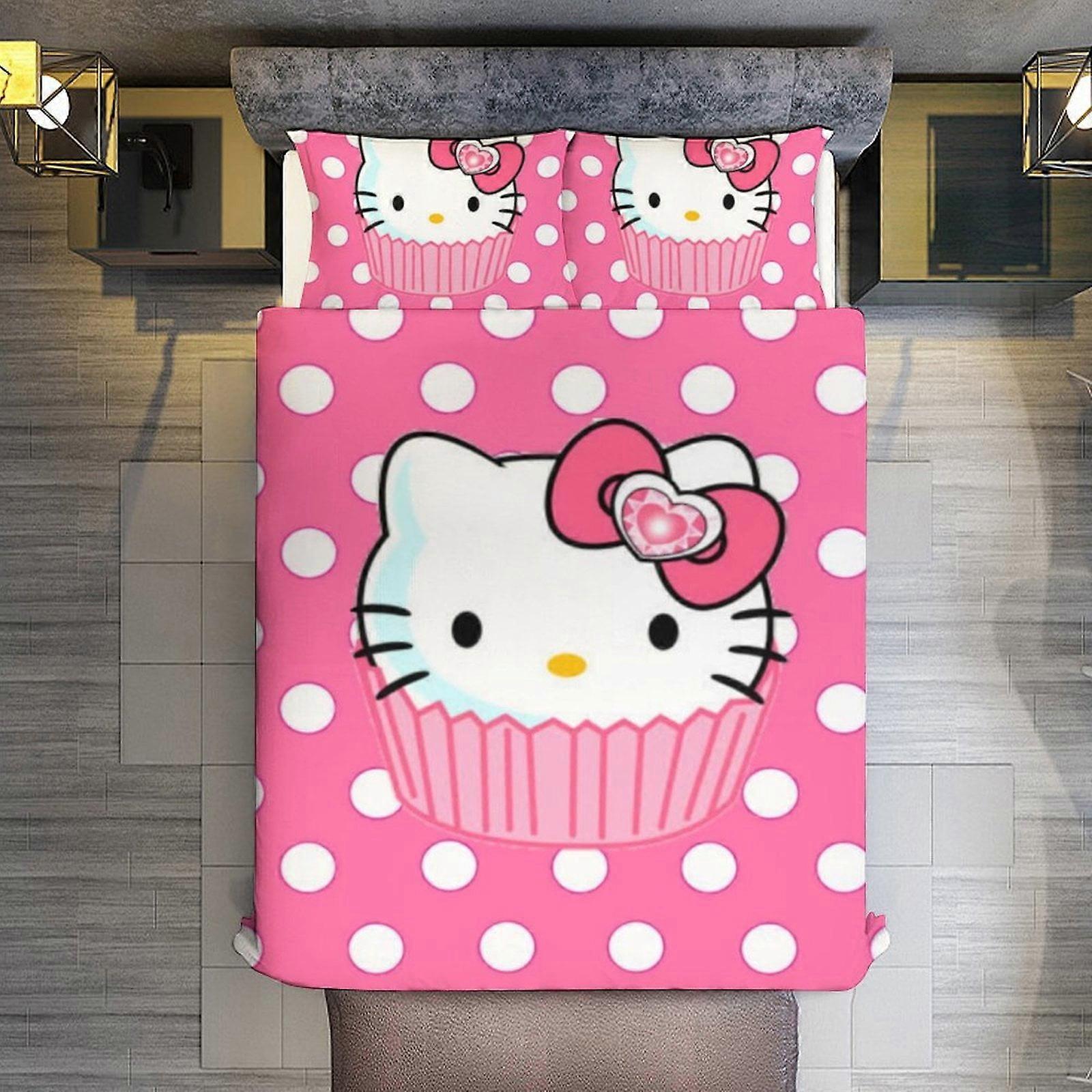 Bedding set WY68 Hello Kitty Cake 3 Pieces Duvet Cover Set Full Size Super Soft Fade Resistant Microfiber 1 Cover with Zipper and 2 Pillowcases ZA68