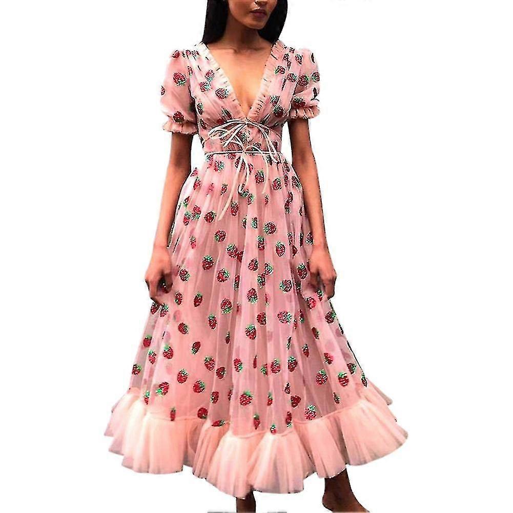 Damen Mode Erdbeer-Print Deep V Kurzarm Mesh Cocktail Party Kleid
