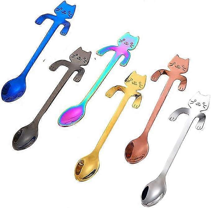 6 Pack Cat Spoon Coffee Tea Spoons (Multicolor), Coffee Gifts for Men Stainless Steel Hanging Cup Teaspoon Mini Cute Kitty Stirring Spoon