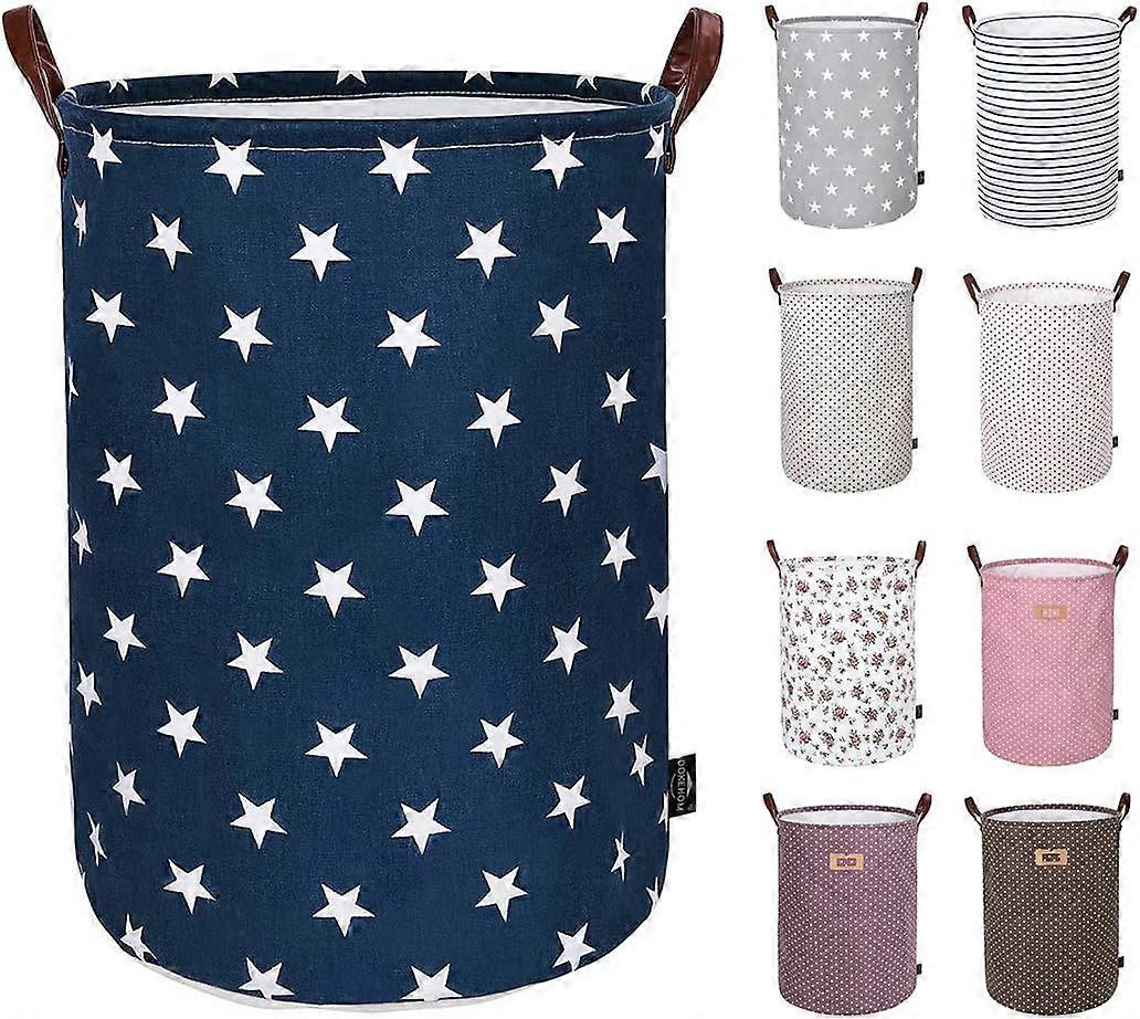 Thickened Foldable Round Storage Laundry Baskets, Cotton (Blue Star, 19 "/ L)