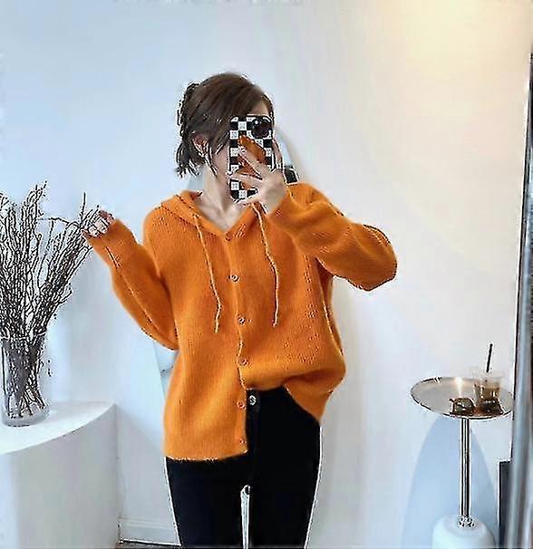 Women Long Sleeve Hooded Cardigan Winter Button Drawstring Sweater Solid Coat