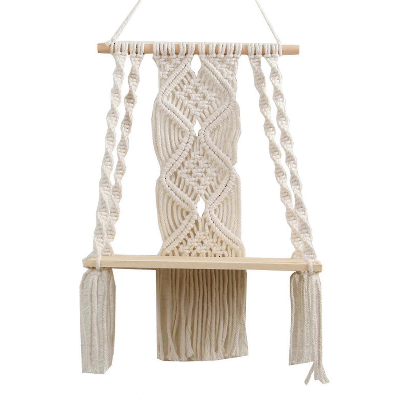 Boho Macrame Wall Hanging Shelf Handmade Woven Tassel Tapestry Rack Wood Floating Storage Hanger Fo (haoyi)