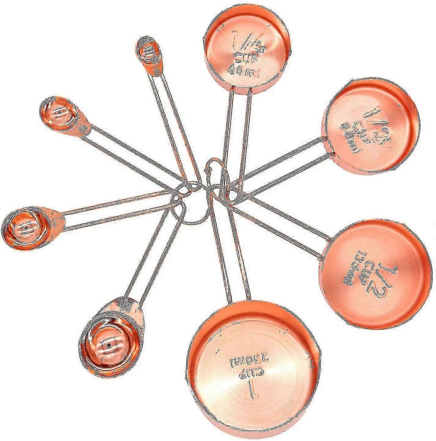 Copper Stainless Steel Measuring Cups And Spoons Set Of 8 Engraved Measurements, Pouring Spouts Mirr