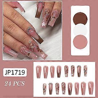 24 kpl Long Ballet Fake Nail No Burr Natural Wear Easy Take Off Jelly Glue -malli