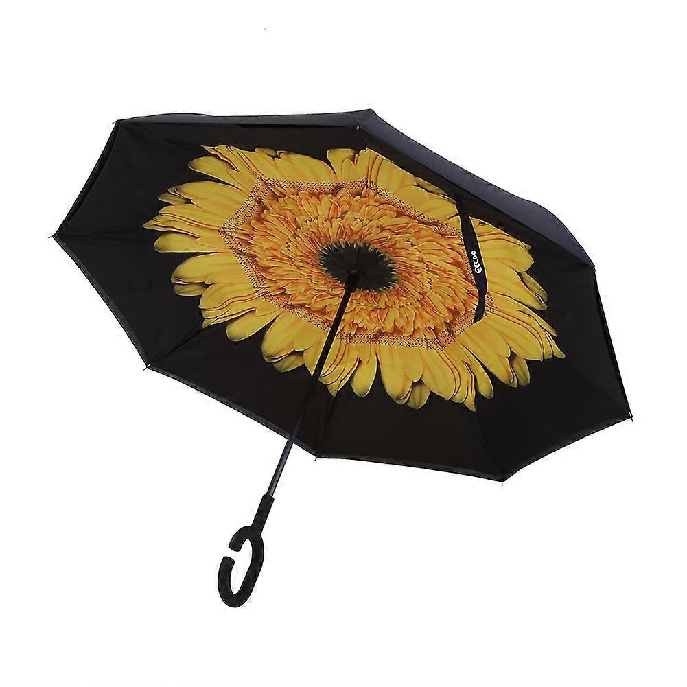 C-Handle Reverse Folding Double Layer Self-Standing Windproof Umbrella(Yellow Chrysanthemum)