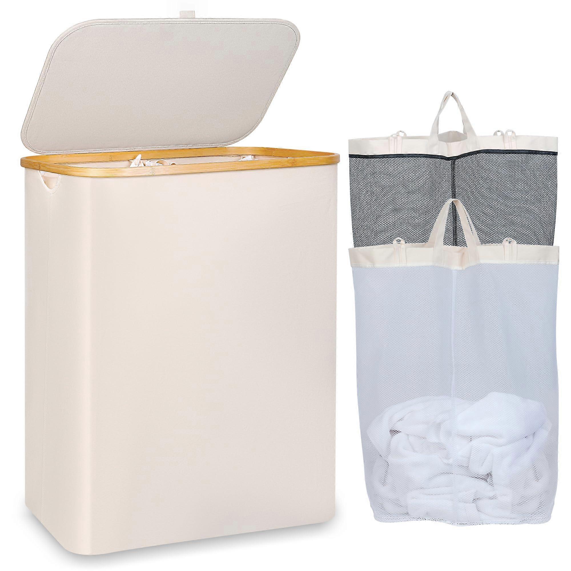 150L Collapsible Laundry Basket with Bamboo Handle and Removable Inner Bag for Easy Storage and Transport