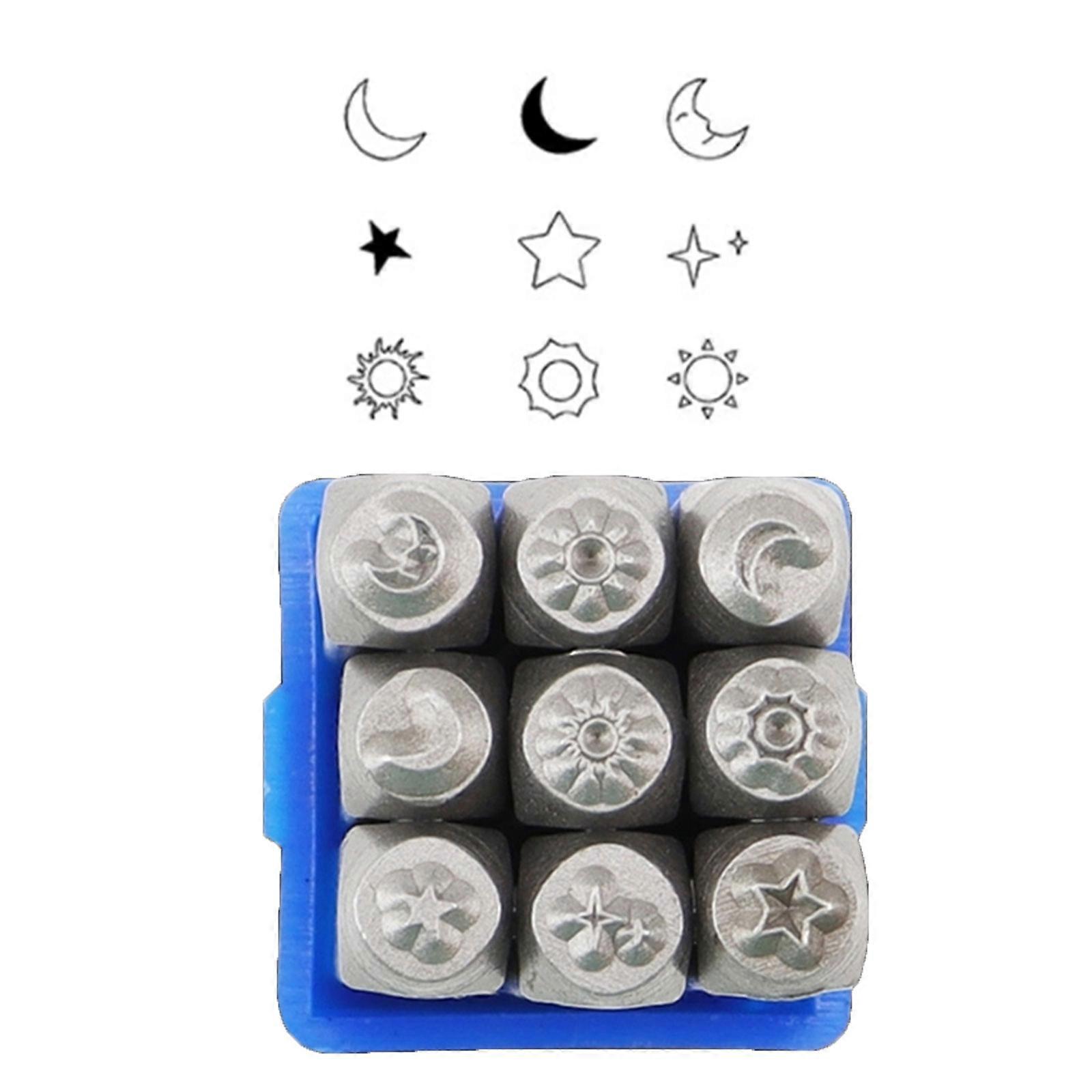 9 יחידות סט כלי הטבעה ממתכת 1/8 אינץ' (3 מ"מ), סט פלדה שמש ואגרוף כוכב חותמת עור לתכשיטים להכנת מלאכת DIY