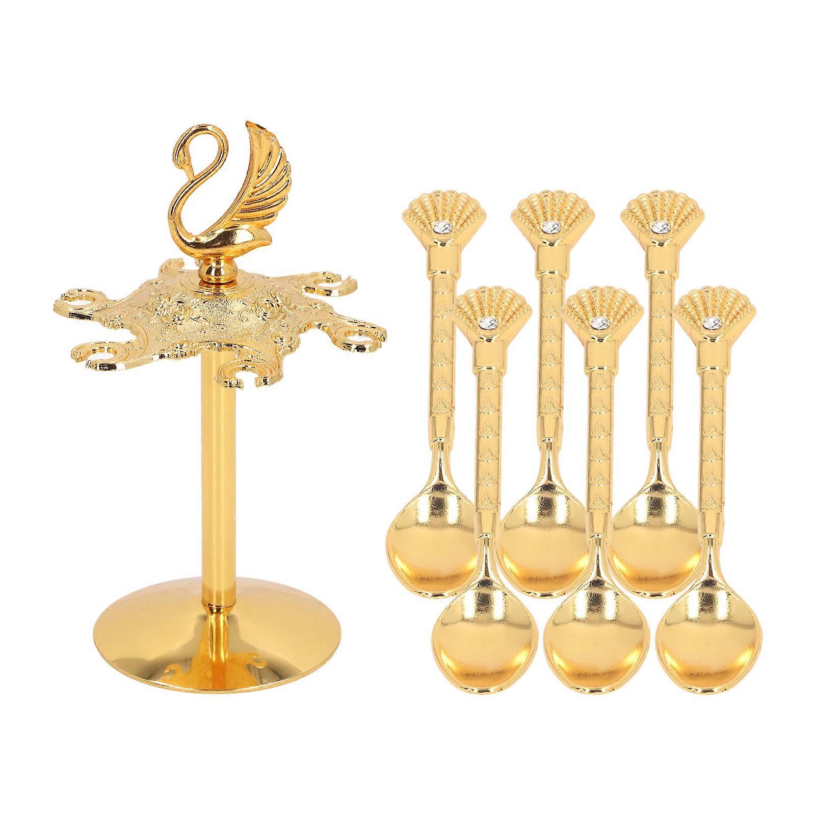 Gold Coffee Spoons Set with Swan Base Holder, Mirror Polished Strong Construction, 6 Spoons for Fruits Salads and Tea