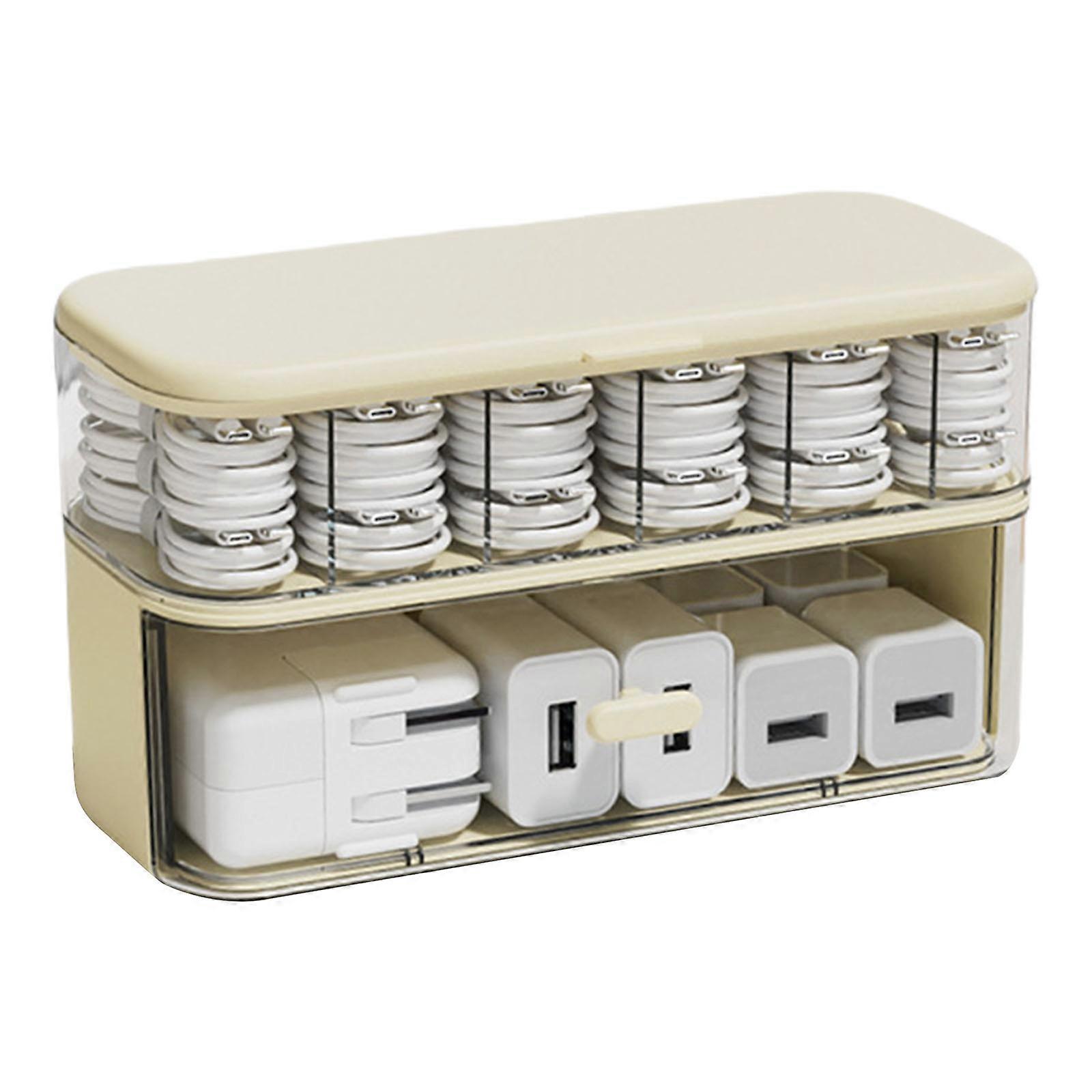 Double Layer Cable Organizer Box with Compartments Charger Storage Solution Cord Organization Case for Office Or Home  Creamy