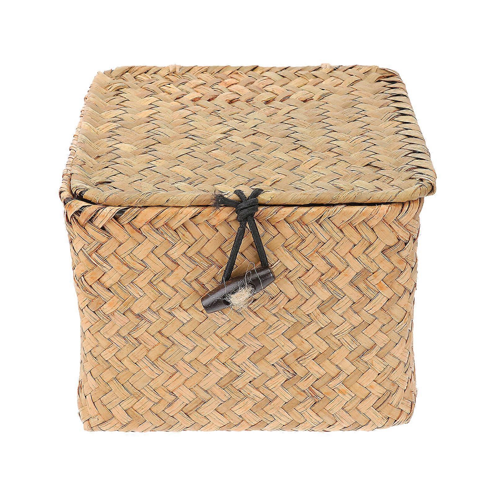 صندوق تخزين من القش المضفر مع غطاء - منظم مربع للمنزل والمكتب - تخزين صغير للشاي والزهور البرتقالي الفني