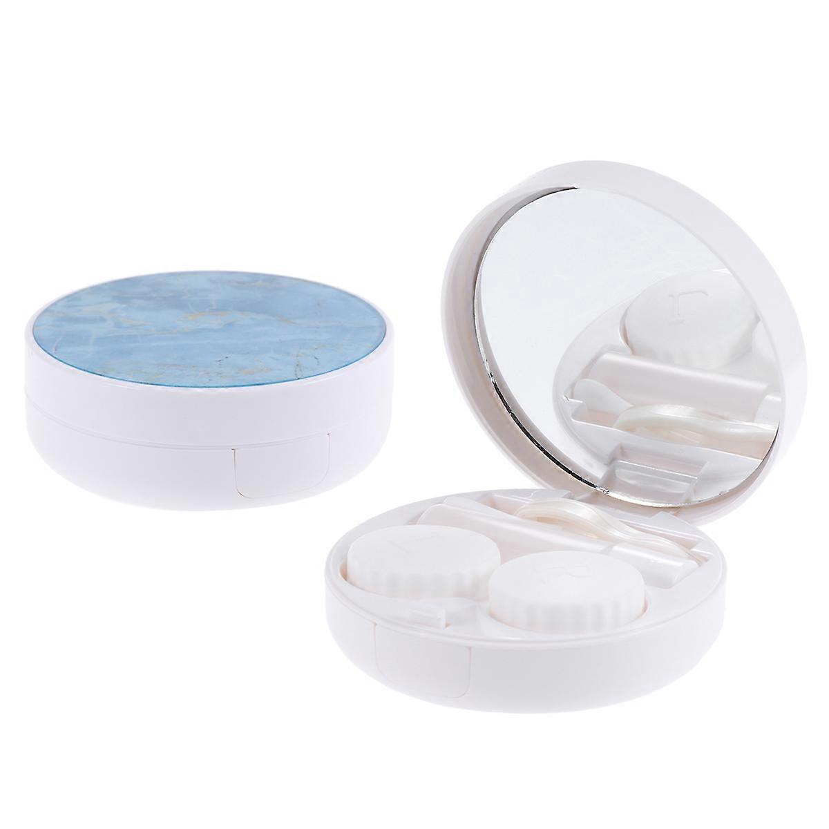 Compact Portable Lens Case with Marble Pattern – Blue Protective Contact Storage Box for Travel & Home Use – Keeps Lenses Clean and Moisturized