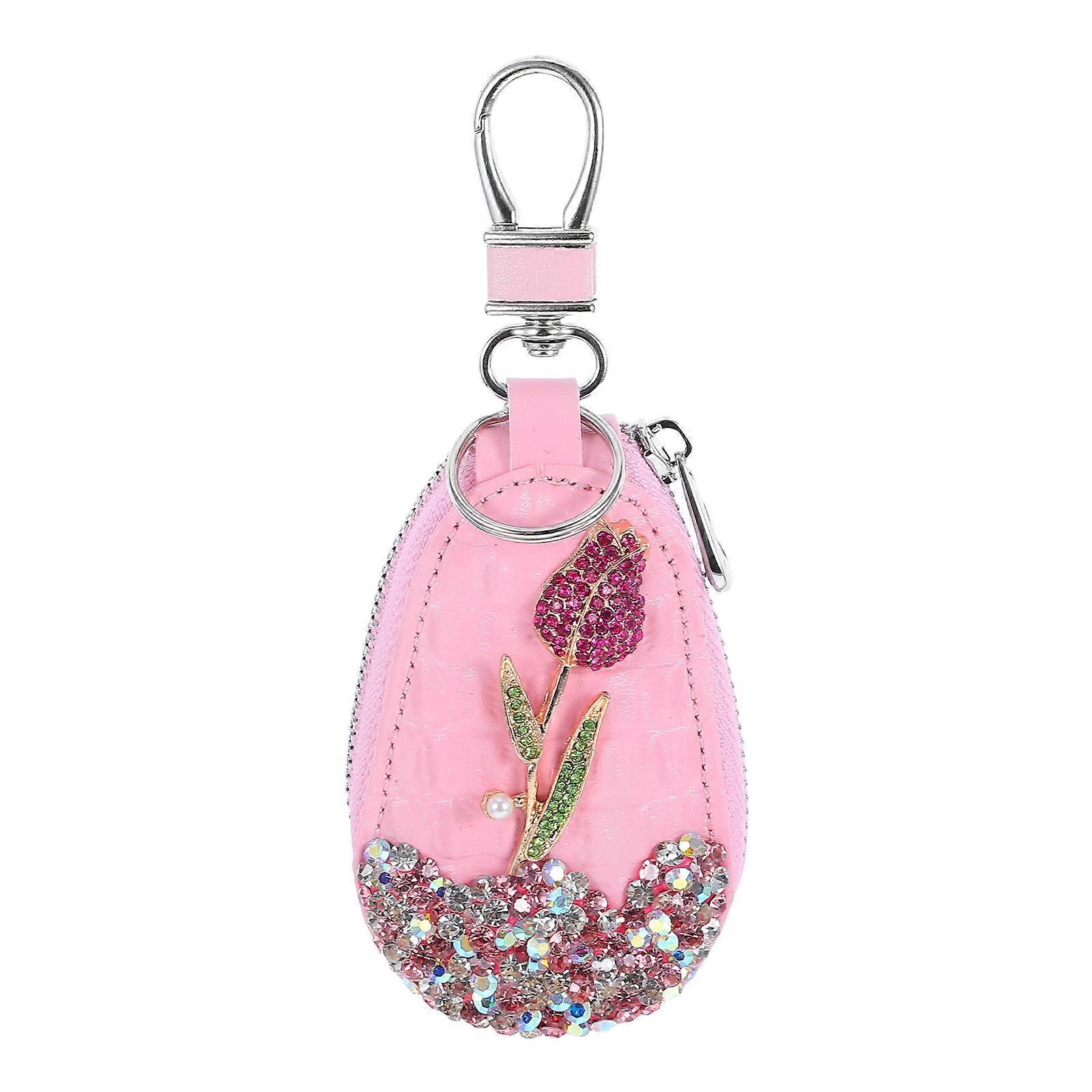 Diamond Key Key Fob Protector with Rhinestones Rose Flower Design