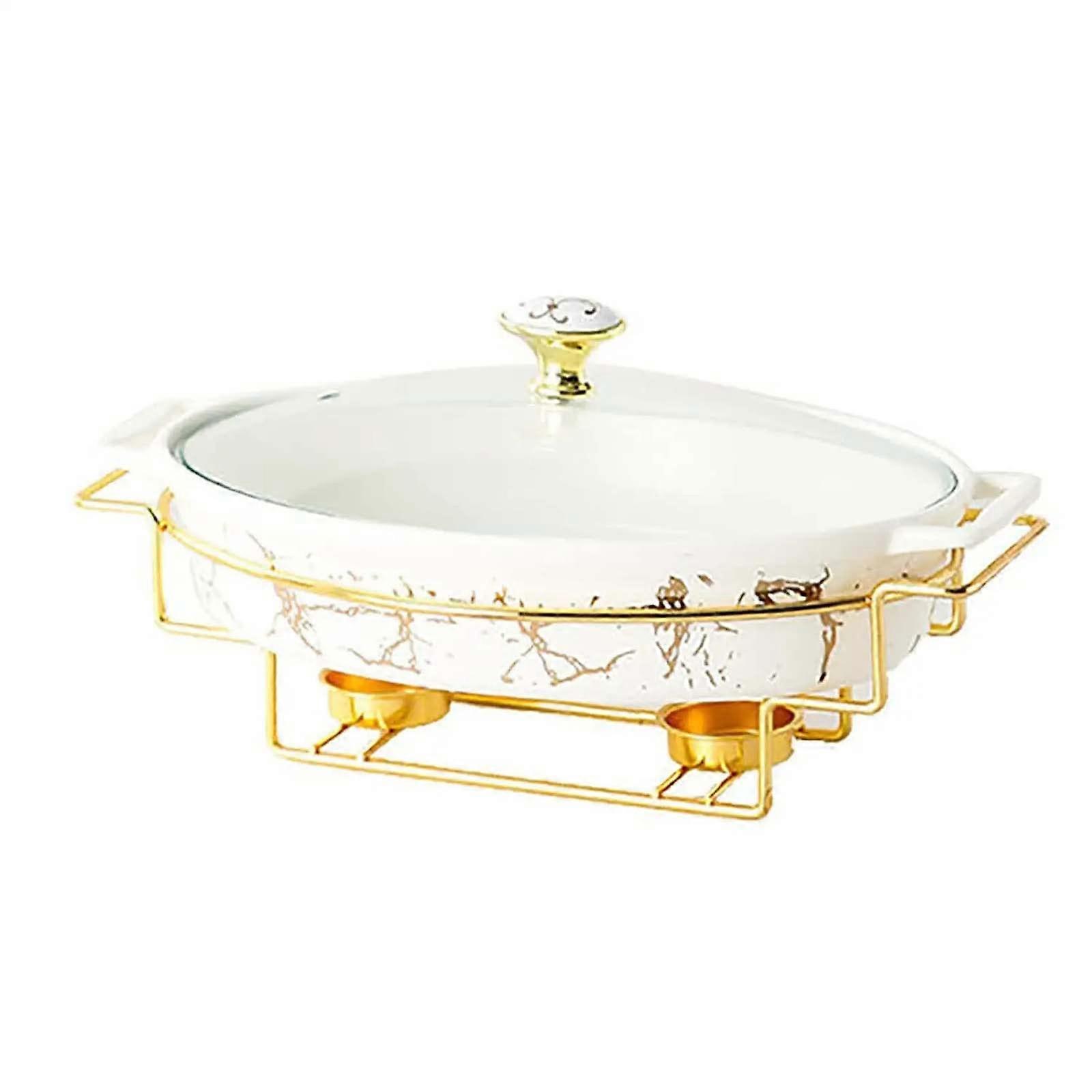 Ceramic Chafing Dish with Imitation Marble Finish, Buffet Warmer Set for Weddings, Parties, White