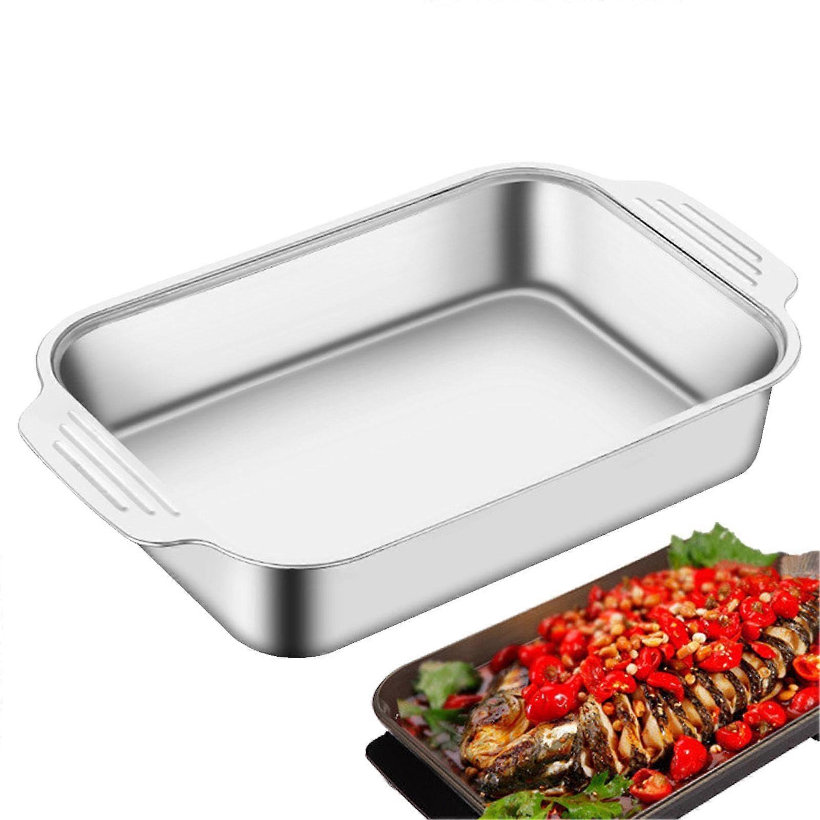 Stainless Steel Flat Top Rectangular Silver Family Dinner Grill Pan with Lid and Handles B