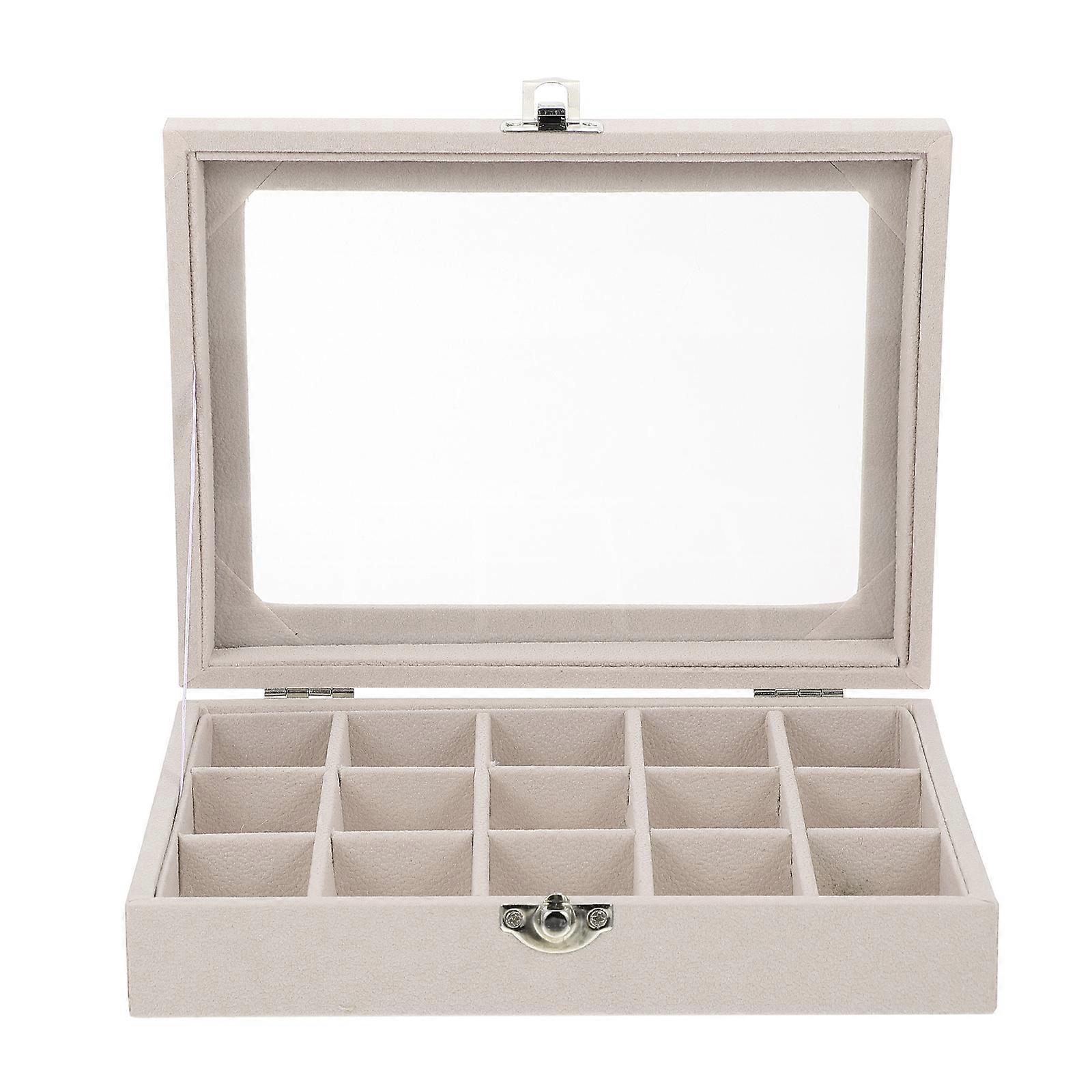 Practical Jewelry Storage Box with Glass and Beige Multi Compartments for Earrings Ring Display 1 Pc