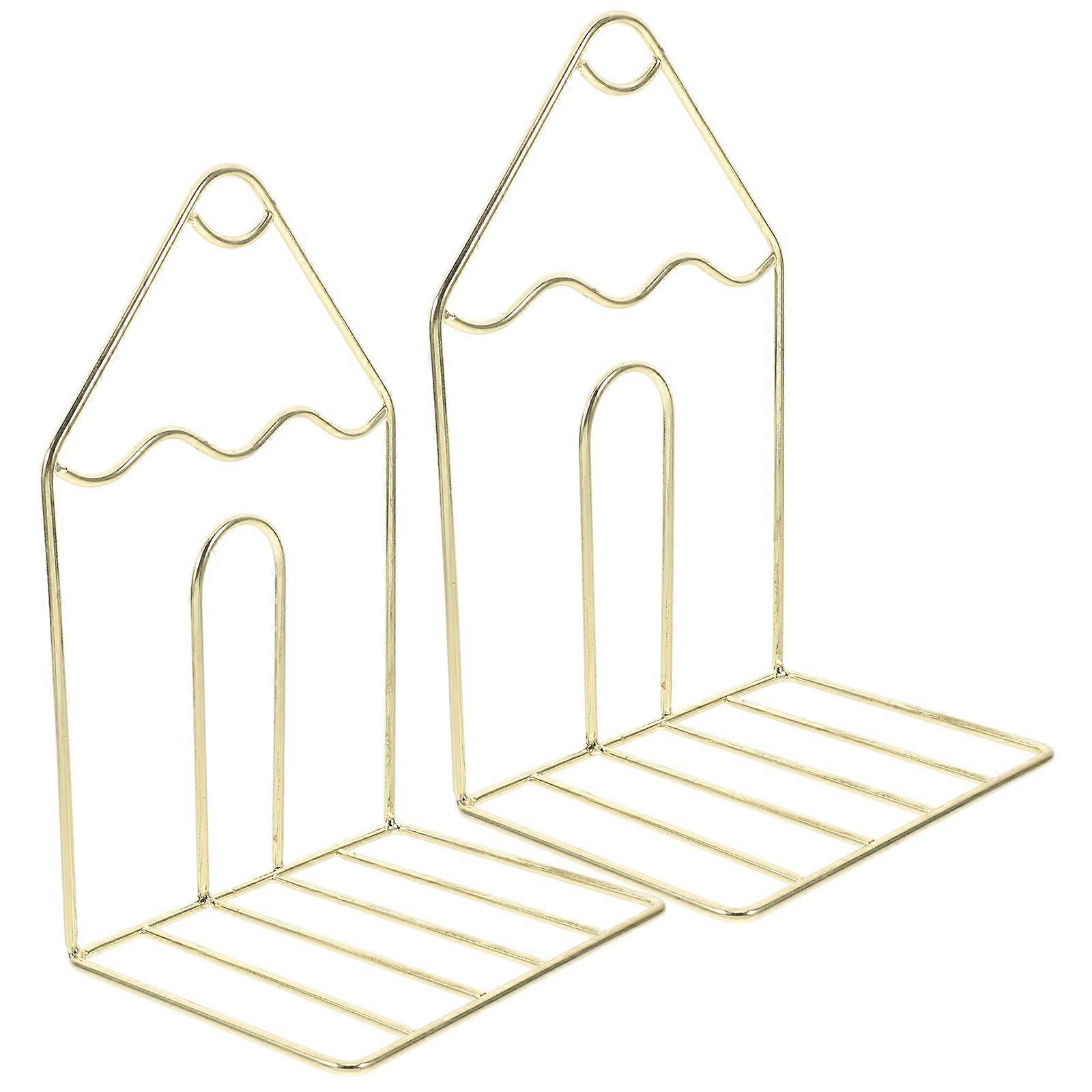 Book Storage Pen Holder Space Saving Stable Base Non-Slip Golden Iron Bookends 2Pcs