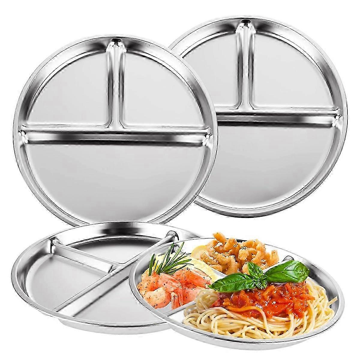 3 Pack Stainless Steel Divided Plates, 3 Compartment Portion Control, 9Inch Reusable Dinner Mini Tr