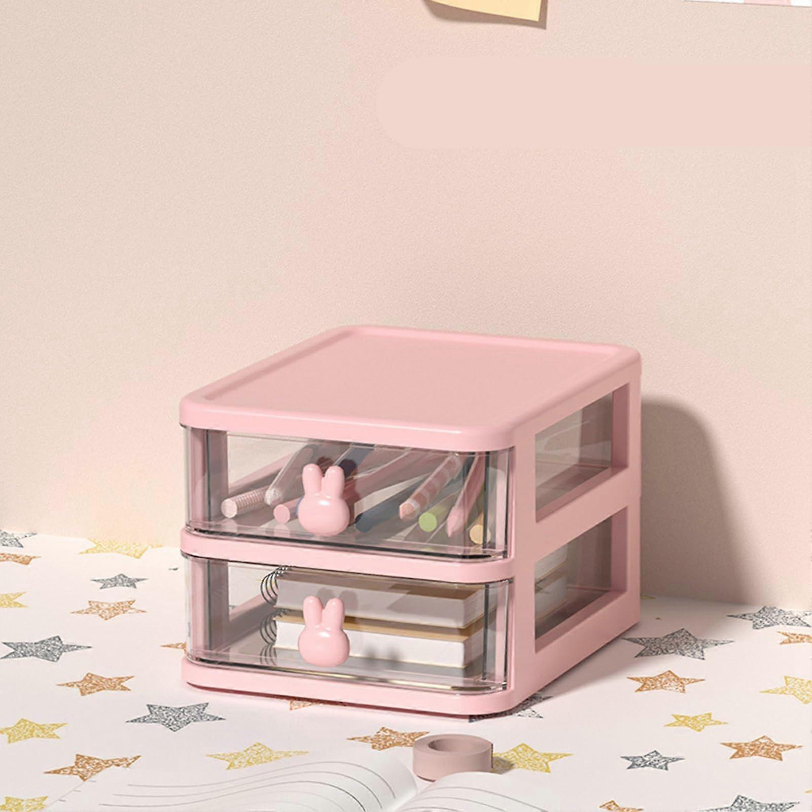 Large Capacity Rabbit Handle Small Drawer Organizer with Multi-Tier Transparent Plastic for Office Desk Storage Box Pink (13.4x17x11cm)