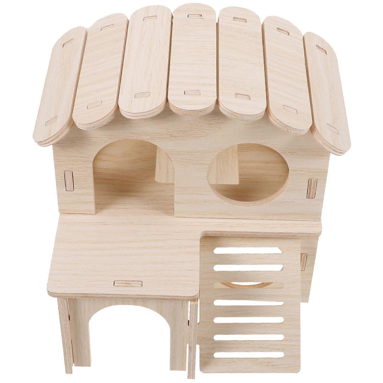 Hamster House with Creative Stair Design, Durable Solid Wood Pet Nest, Environmentally Friendly Cottage with Window for Hamsters, Mice and Other