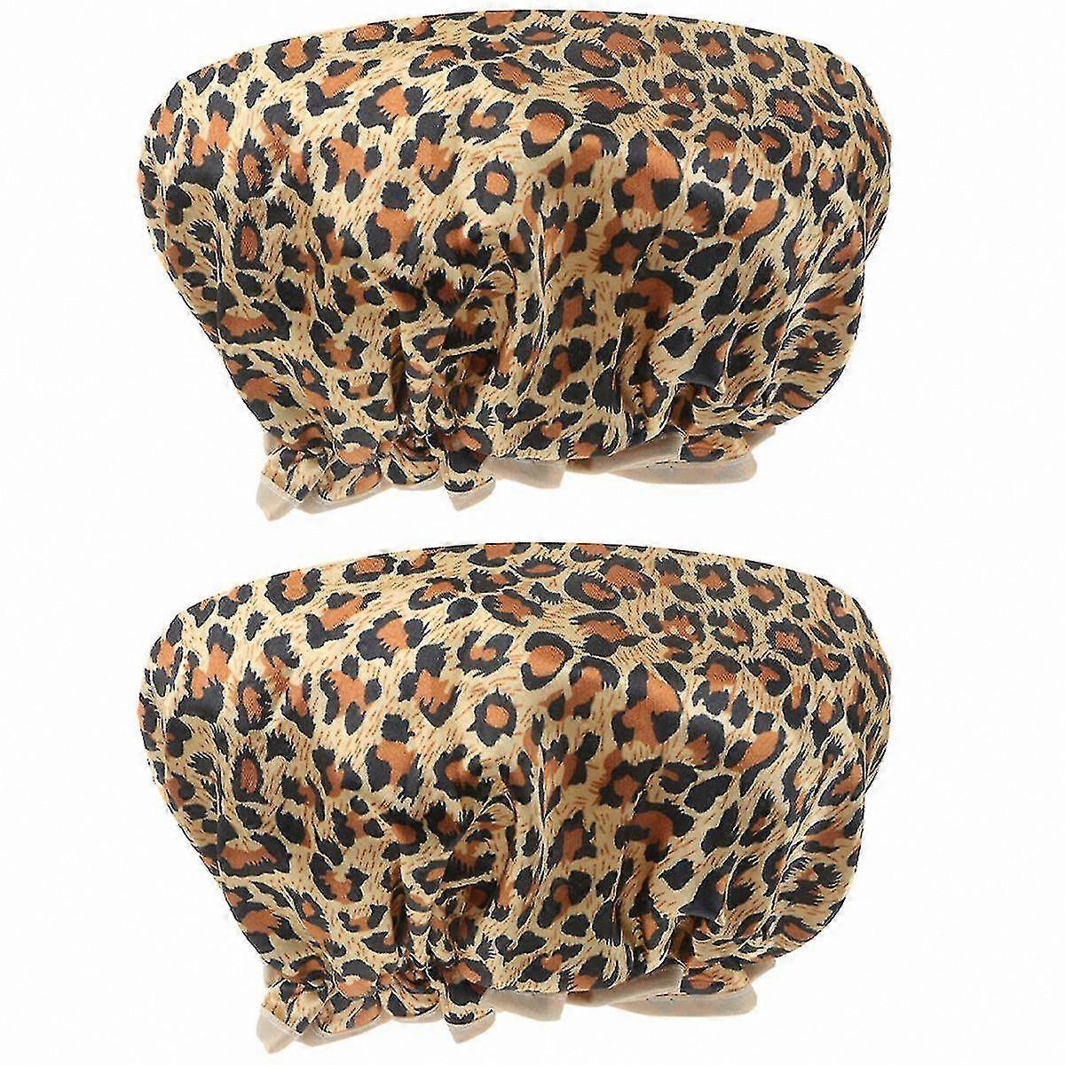 2-Pack Double Layer Waterproof Shower Caps for Hair Protection in Leopard Print