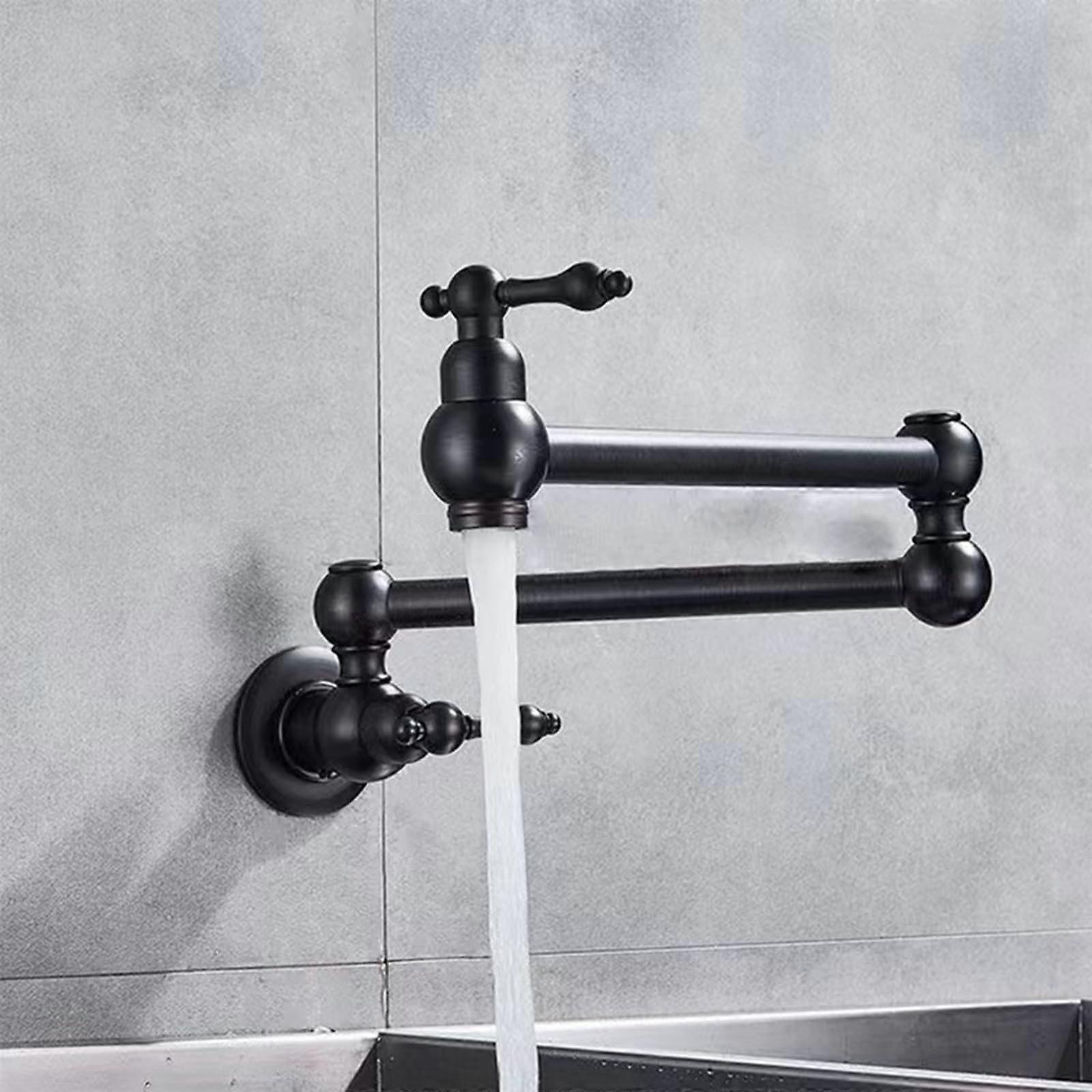 Retro Wall-Mounted Kitchen Faucet, Foldable Black Single Cold Tap, Rotating Joint Sink Mixer, Durable Design